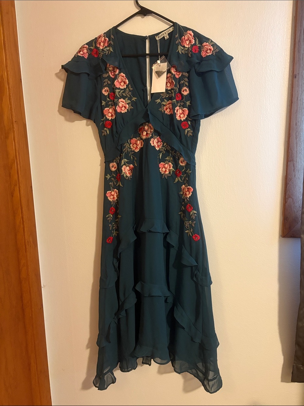 Floral Embroidered Teal Midi Dress